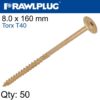TIMBER CONSTRUCTION SCREW 8.0 X 160MM X50-BOX TORX T40
