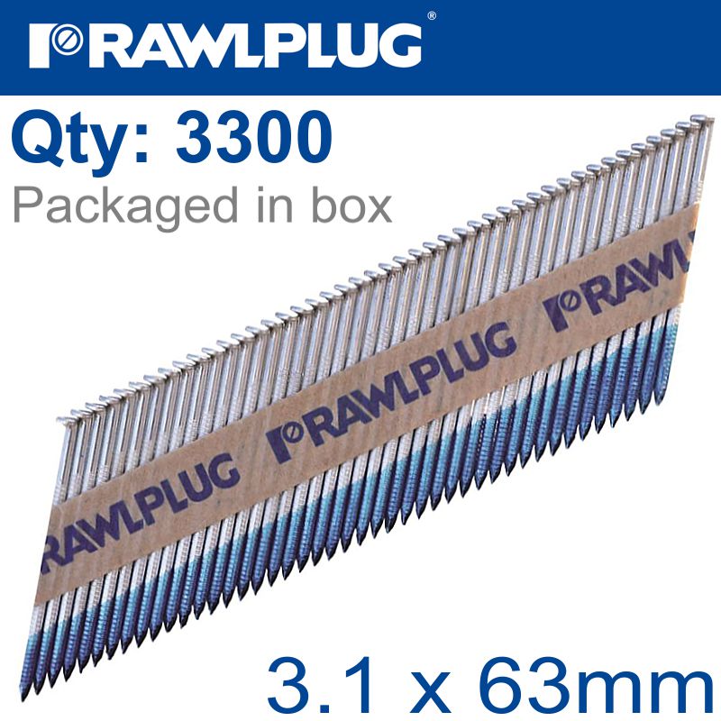 NAIL SILVER GALV CLIPPED 3.1MMX63MM X3300-BOX PAPER COLLATED 10MIC NAIL SILVER GALV CLIPPED 3.1MMX63MM X3300-BOX PAPER COLLATED 10MIC