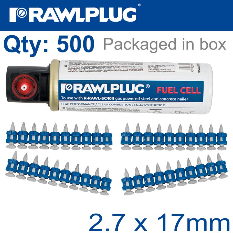 PINS FOR STEEL & CONCRETE 2.7MMX17MM X500 PER BOX + 1 FUEL CELL PINS FOR STEEL & CONCRETE 2.7MMX17MM X500 PER BOX + 1 FUEL CELL