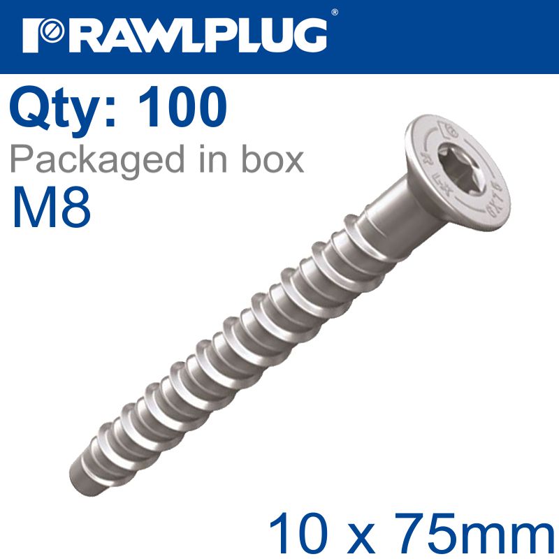 CONCRETE SCREW BOLT M8 10X75 MM CSK HEAD ZINC FLAKE COAT 100/BOX CONCRETE SCREW BOLT M8 10X75 MM CSK HEAD ZINC FLAKE COAT 100/BOX