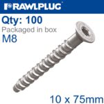 CONCRETE SCREW BOLT M8 10X75 MM CSK HEAD ZINC PLATED 100/BOX