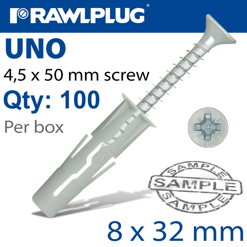 UNIVERSAL PLUG 8X32MM + SCREW 50MM X100-BOX UNIVERSAL PLUG 8X32MM + SCREW 50MM X100-BOX