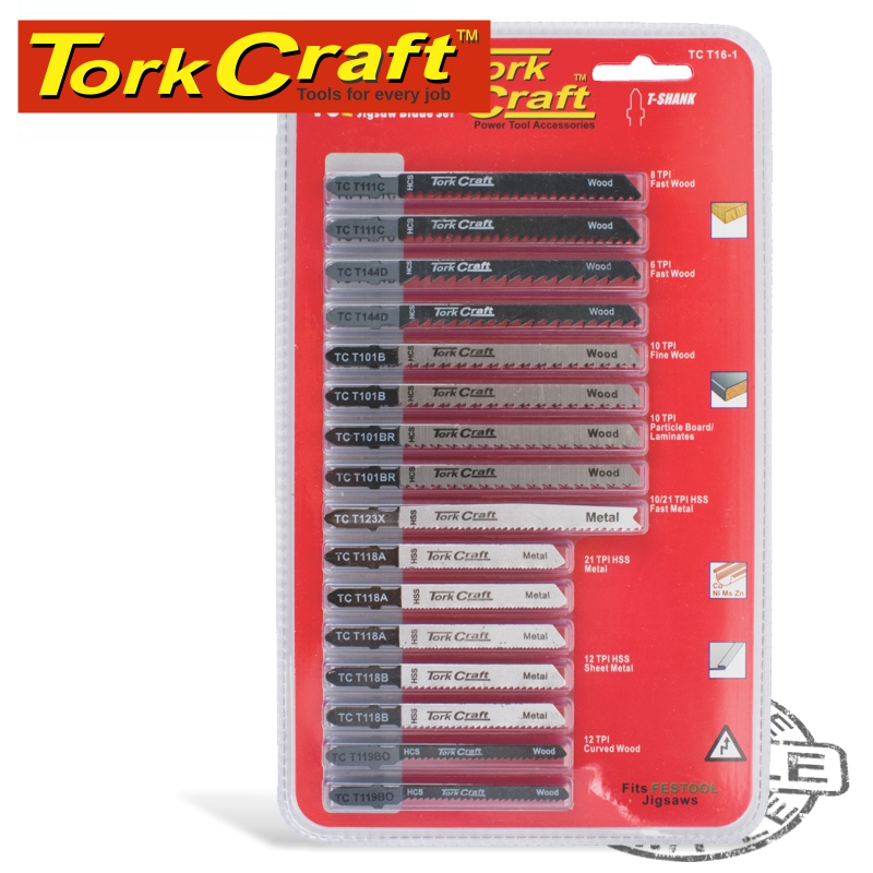 T-SHANK JIGSAW BLADES 16PC SET ASSORTED METAL & WOOD CUTTING T-SHANK JIGSAW BLADES 16PC SET ASSORTED METAL & WOOD CUTTING