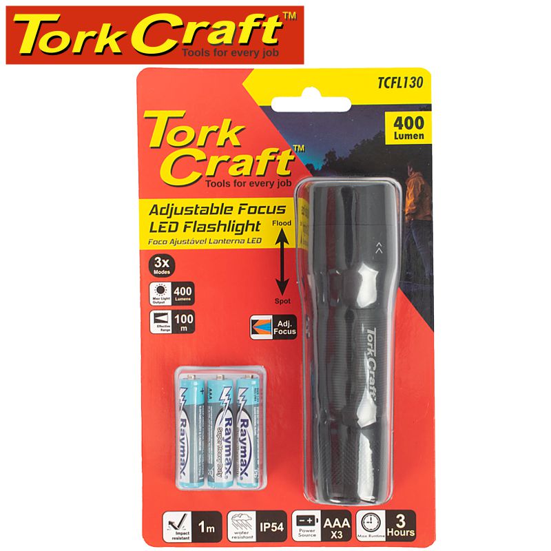TORCH LED ALUM FOCUS ADJ 400LM BLK USE 3 X AAA BAT 2 MODE FLASH LIGHT TORCH LED ALUM FOCUS ADJ 400LM BLK USE 3 X AAA BAT 2 MODE FLASH LIGHT