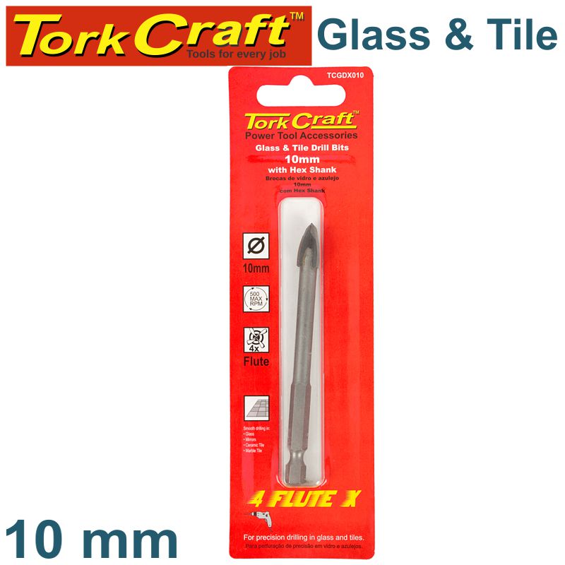 GLASS & TILE DRILL 10MM 4 FLUTE WITH HEX SHANK GLASS & TILE DRILL 10MM 4 FLUTE WITH HEX SHANK