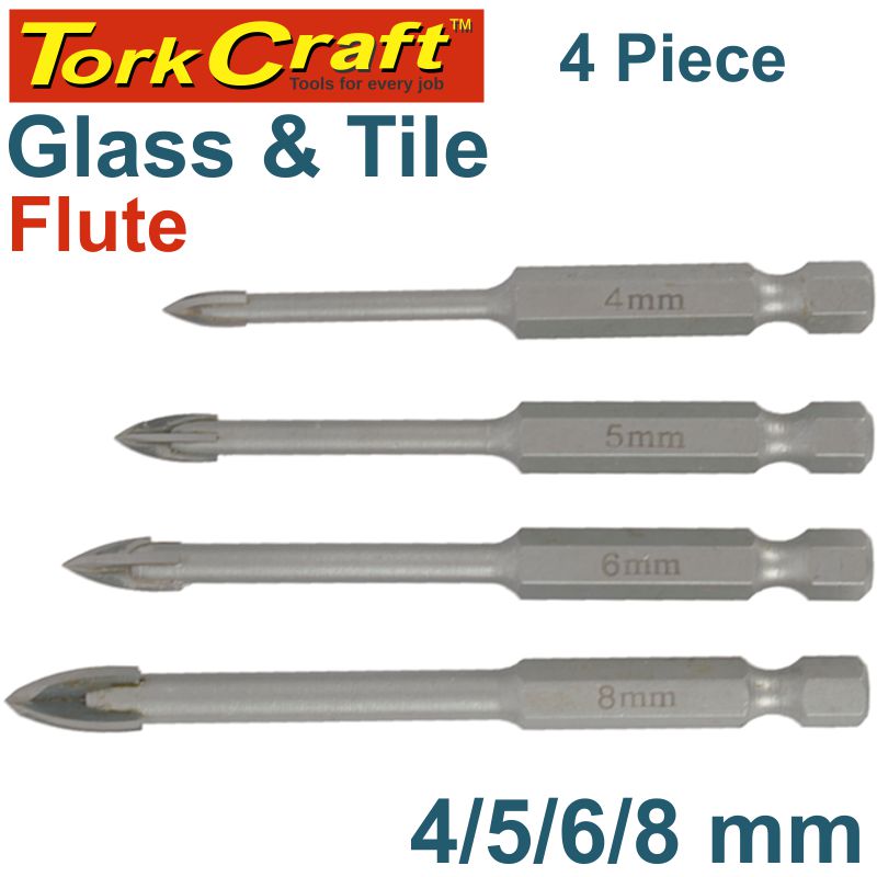 GLASS & TILE DRILL 4 FLUTE SET 4PC 4/5/6/8MM IN PLASTIC CASE GLASS & TILE DRILL 4 FLUTE SET 4PC 4/5/6/8MM IN PLASTIC CASE